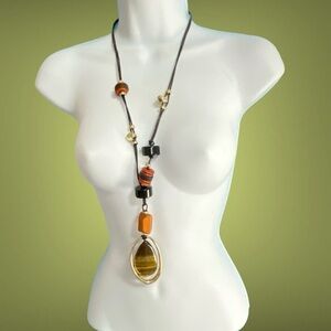 CHICO'S Tribal Boho Chunky Necklace Leather Cording Beads TigerEye Stone Pendant